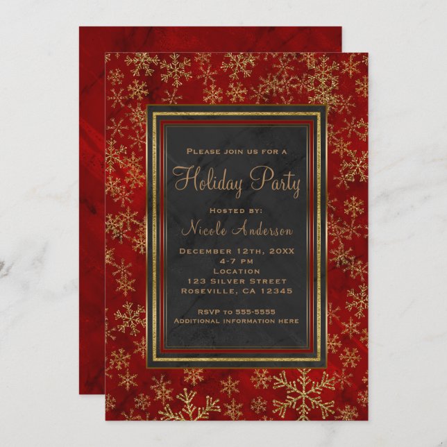 Holiday Party Red Marble Gold Snowflakes Elegant Invitation (Front/Back)