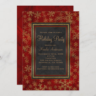 Holiday Party Red Marble Gold Snowflakes Elegant Invitation