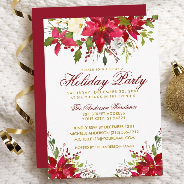 Holiday Party Red Watercolor Floral Poinsettia R Invitation (Customize to change text color, size, style or to change color of back of card.)