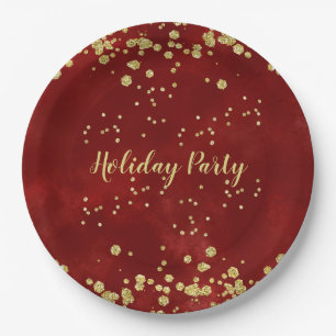 Holiday Party, Red, White, Gold,  Paper Plate