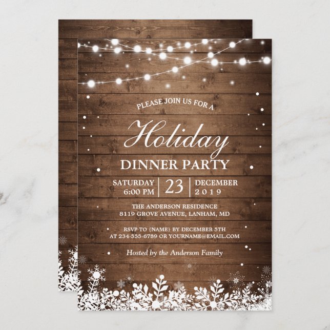 Holiday Party Rustic Wood String Lights Snowflakes Invitation (Front/Back)