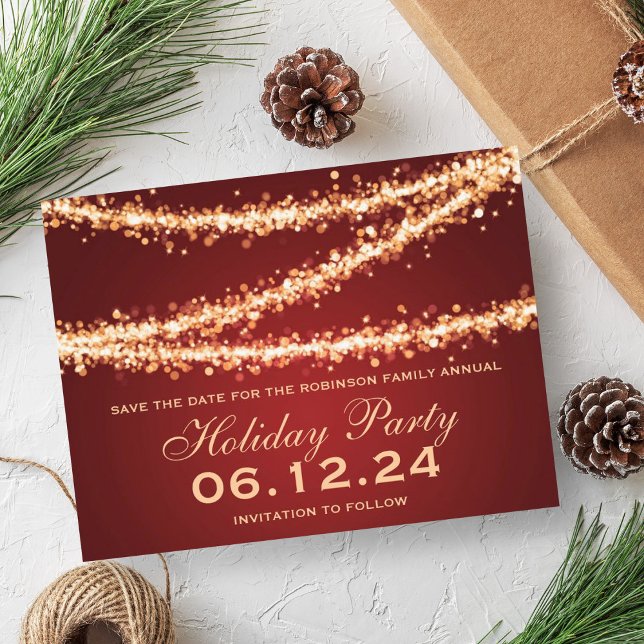 Holiday Party Save The Date Gold String Lights Announcement Postcard (Holiday Party Save The Date Gold String Lights Announcement Postcard)