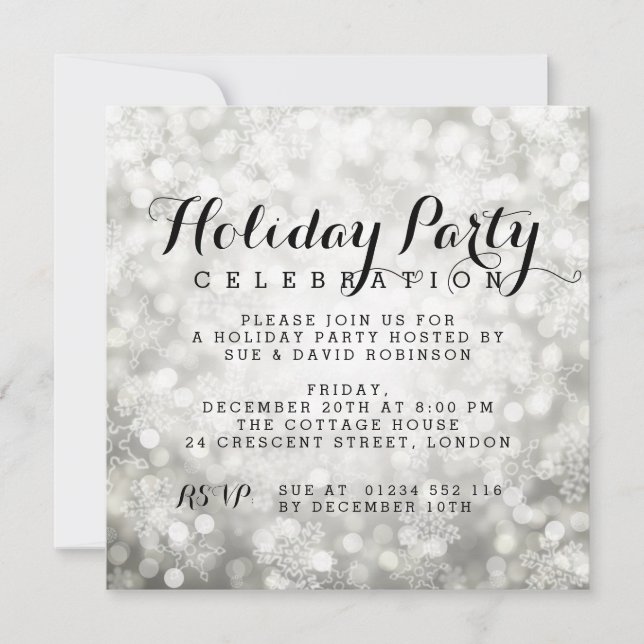 Holiday Party Silver Sparkling Snowflake Lights Invitation (Front)