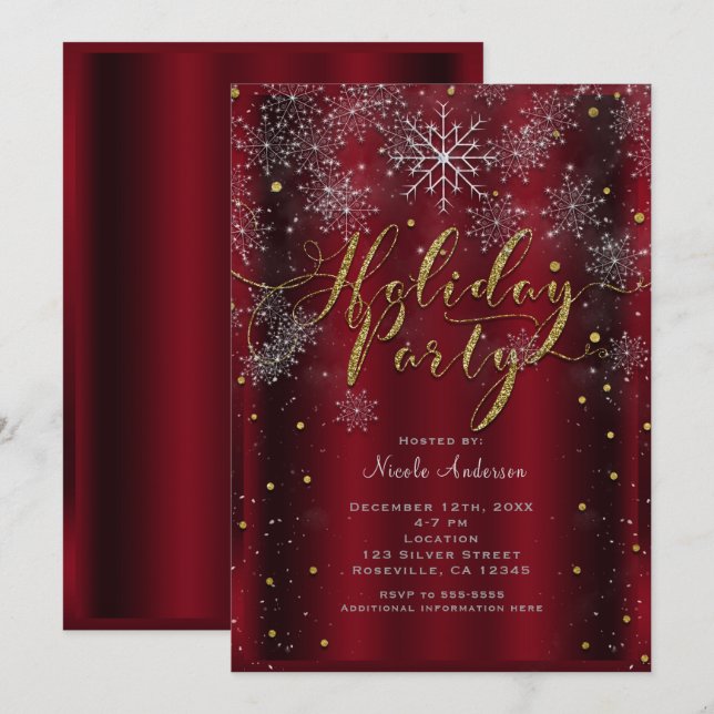 Holiday Party Snowflake Elegant Red Gold Modern Invitation (Front/Back)