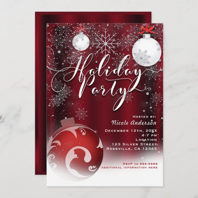 Holiday Party Snowflake Red Silver Ornaments Invitation (Front/Back)