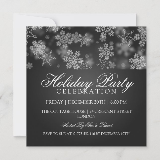 Holiday Party Snowflakes Black Invitation (Front)