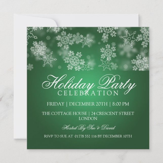 Holiday Party Snowflakes Green Invitation (Front)