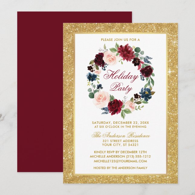 Holiday Party Watercolor Floral Gold Glitter Invitation (Front/Back)