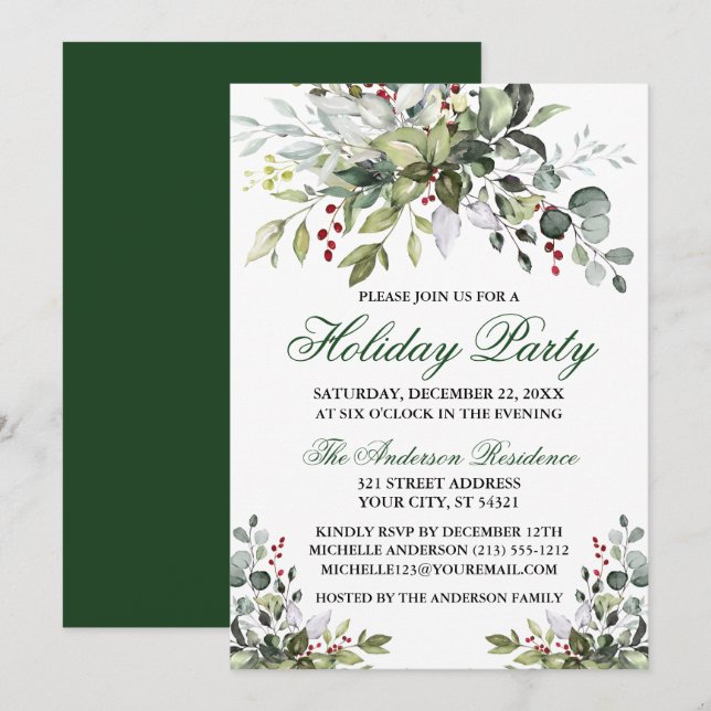 Holiday Party Watercolor Greenery Berries Invitation (Front/Back)