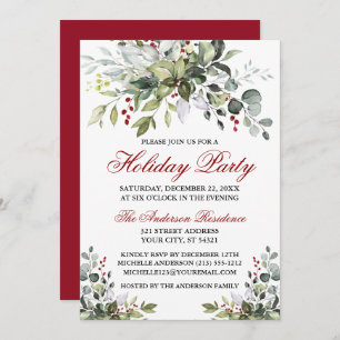 Holiday Party Watercolor Greenery Red Berries Invitation