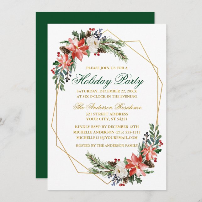 Holiday Party Watercolor Poinsettia Gold Green Invitation (Front/Back)