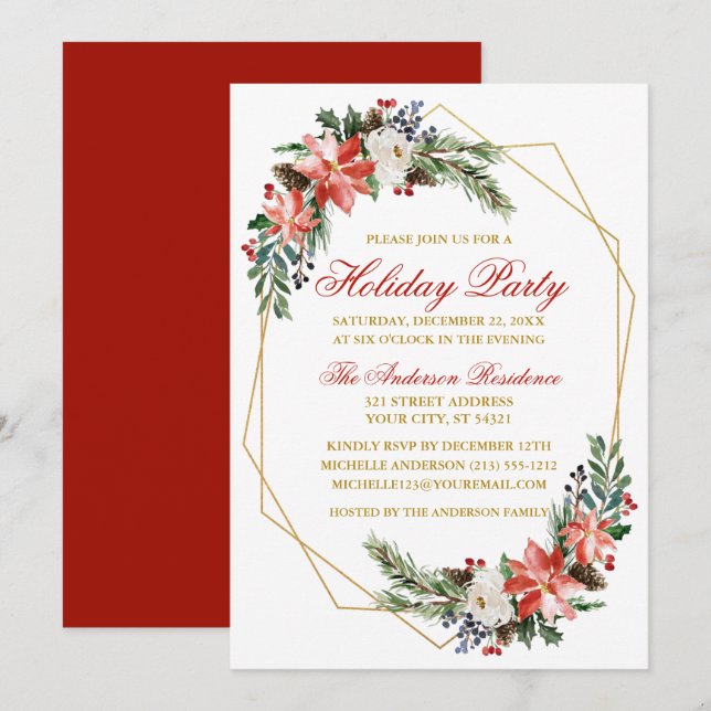 Holiday Party Watercolor Poinsettia Gold Red Invitation (Front/Back)