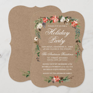 Holiday Party Watercolor Poinsettia Kraft Invitation