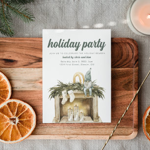 Holiday Party With Fireplace with Elf Invitation