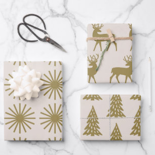 Holiday Pattern Gold & Linen White Wrapping Paper Sheet