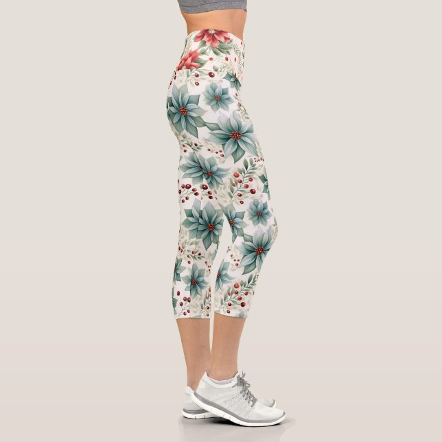 Holiday Patterned Poinsettia 2-Colour High-Waisted Capri Leggings (Right)
