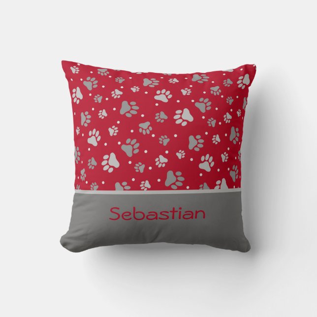 Holiday Paw Prints Red, Grey & Silver Personalised Cushion (Front)