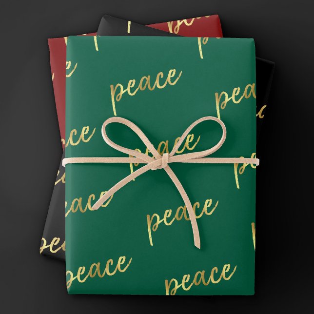 Holiday Peace | Faux Gold Foil Calligraphy Black Wrapping Paper Sheet (Creator Uploaded)