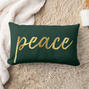 Holiday Peace   Faux Gold Foil Calligraphy Green Lumbar Cushion