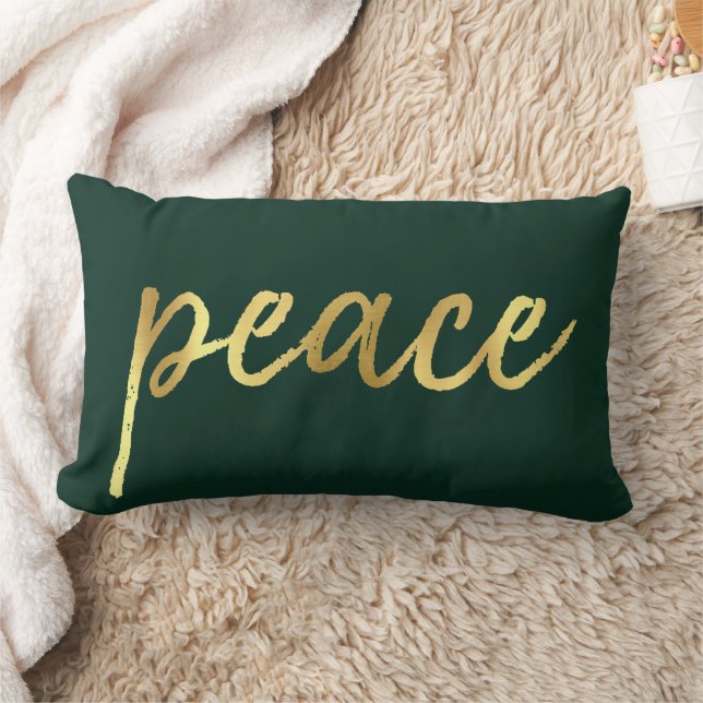 Holiday Peace | Faux Gold Foil Calligraphy Green Lumbar Cushion (Blanket)