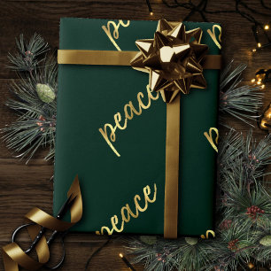 Holiday Peace Faux Gold Foil Calligraphy Green Wrapping Paper