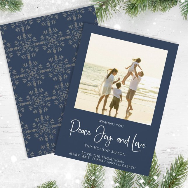 Holiday Peace Joy Love Elegant Snowflakes 1 Photo (Christmas holiday simple peace, joy, and love navy blue photo card. )