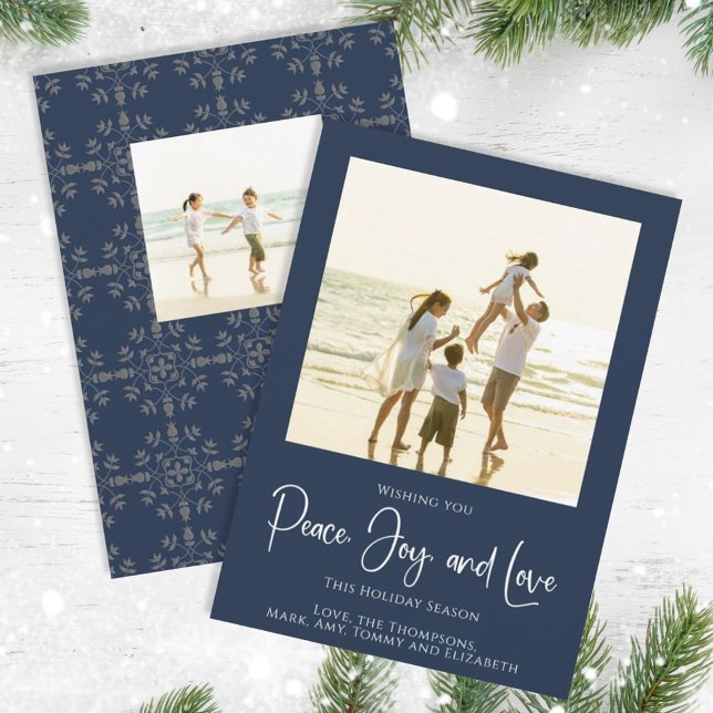 Holiday Peace Joy Love Elegant Snowflakes 2 Photo Card (Christmas holiday simple peace, joy, and love navy blue photo card. )