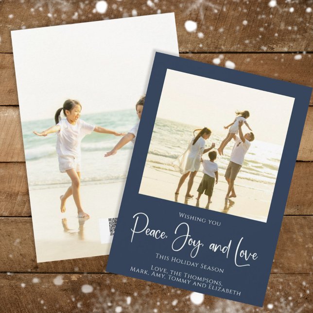 Holiday Peace Joy Love Elegant Snowflakes 2 Photo Card (Christmas holiday simple peace, joy, and love navy blue photo card. )