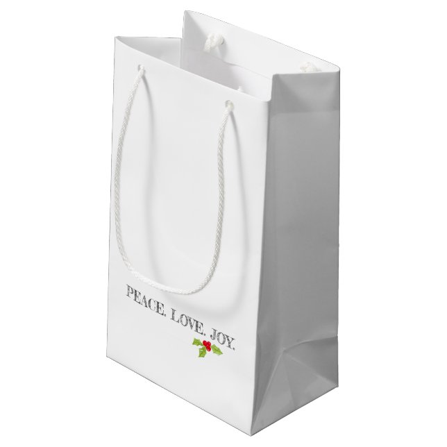 Holiday Peace Love Joy Christmas Holly Text Small Gift Bag (Back Angled)