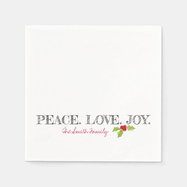 Holiday Peace Love Joy Family Name Text Holly Napkin (Front)
