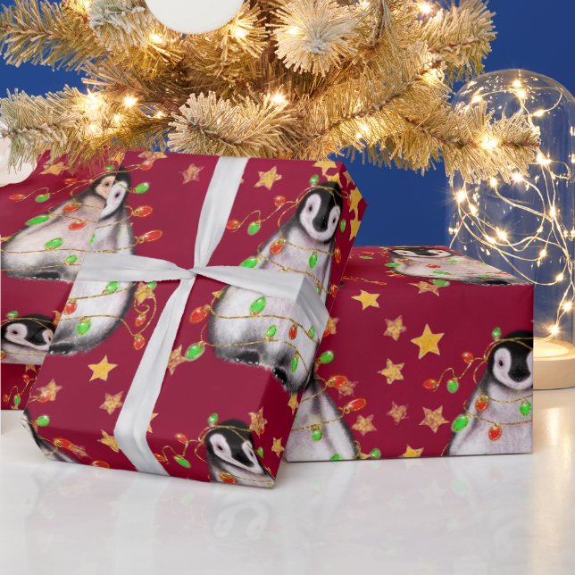 Holiday Penguin - twinkle red and green lights Wra Wrapping Paper (Holidays)