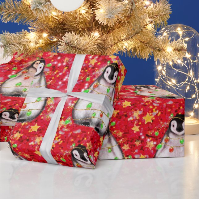Holiday Penguin - twinkle red and green lights  Wrapping Paper (Holidays)