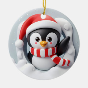 Holiday Penguin Waving and Bursting Out Ceramic Tree Decoration
