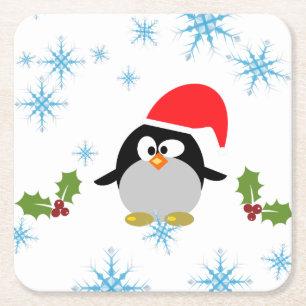 Holiday Penguin with snowflakes Square Coasters
