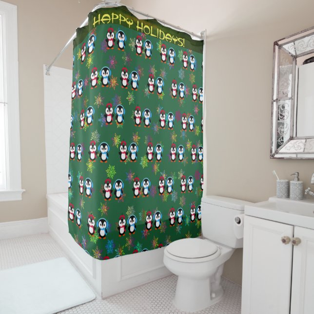 Holiday Penguins Shower Curtain (In Situ)
