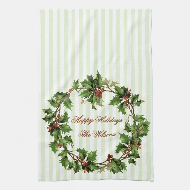 Holiday Personalised Vintage Holly Wreath Tea Towel (Vertical)