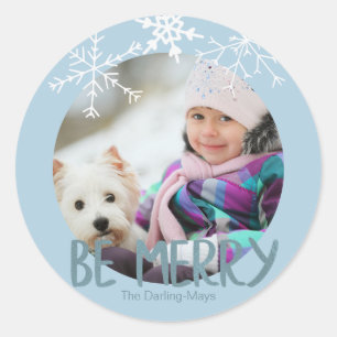 Holiday Photo Be Merry Christmas Blue Snowflakes Classic Round Sticker