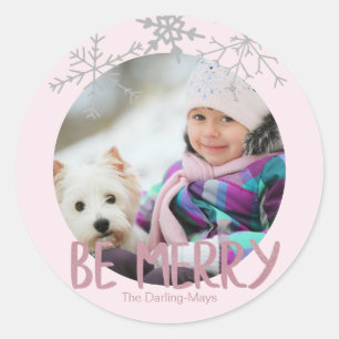 Holiday Photo Be Merry Christmas Pink Snowflakes Classic Round Sticker