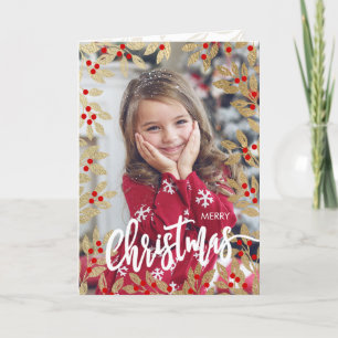 Holiday Photo Christmas Card Mistletoe Gold Red