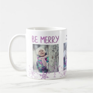 Holiday Photo Collage Be Merry Snowflakes Custom Coffee Mug