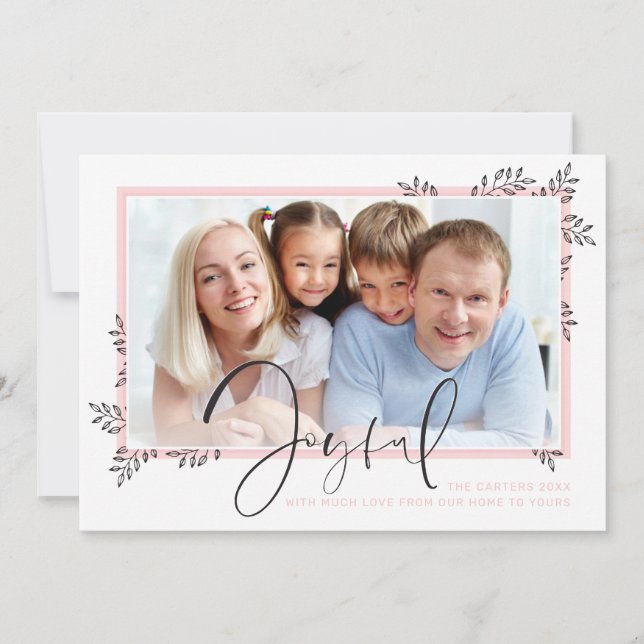HOLIDAY PHOTO elegant line art leaves pink joyful (Front)