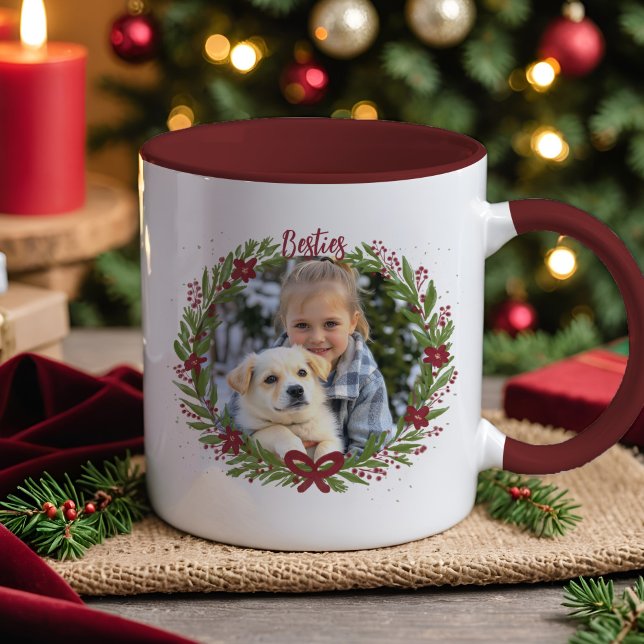 Holiday Photo Elegant Wreath Red Christmas Bow Mug (Personalized holiday mug with your photos, hand-painted wreath, and festive red bow design.)