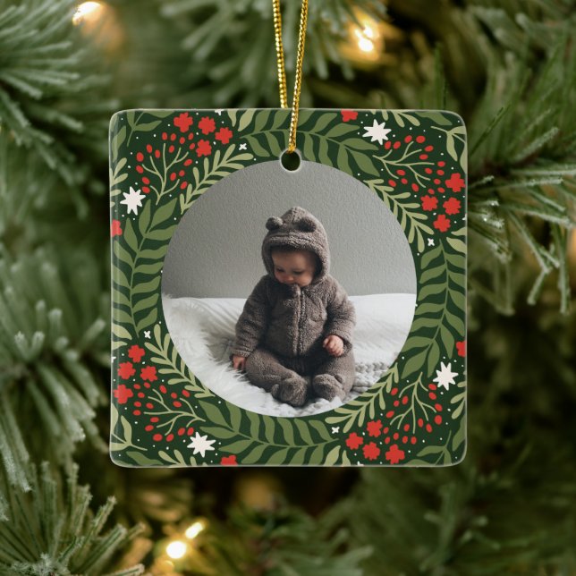 Holiday Photo Festive Floral Ceramic Ornament (Tree)
