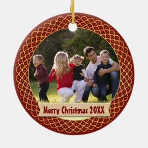 Holiday Photo Frame   Editable Text Red and Gold Ceramic Tree Decoration