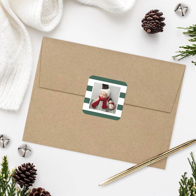 Holiday Photo | Hunter Green and White Stripes Square Sticker (Creator Uploaded)