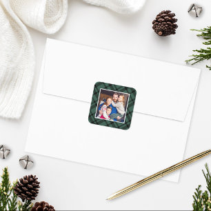 Holiday Photo   Hunter Green Tartan Plaid Frame Square Sticker