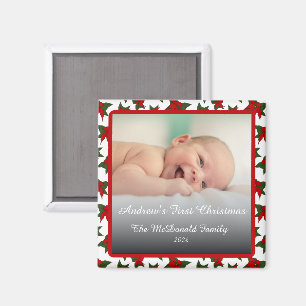 Holiday photo name first Christmas Magnet
