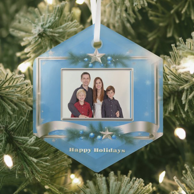 Holiday Photo Ornament on Blue with Silver Frame (Insitu)