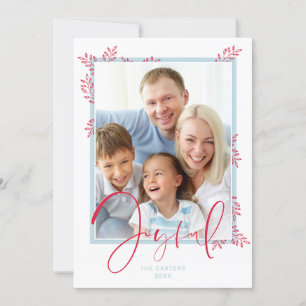 HOLIDAY PHOTO stylish leaves sprig red blue joyful Card