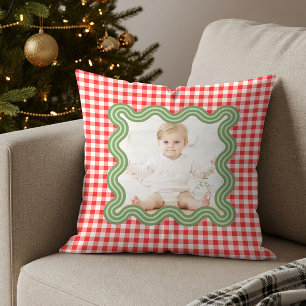 Holiday Photo Wavy Green Border Gingham Christmas Cushion